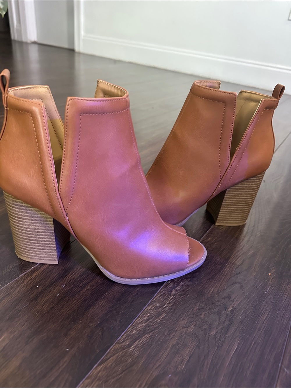 Pink Lily Tan Open-Toe Block Heel Booties